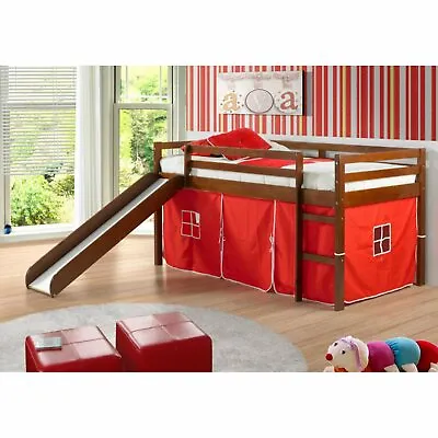 $503.90 • Buy Espresso Wooden Junior Loft Bed With Slide Red Tent Twin Bunk Kids Play Area