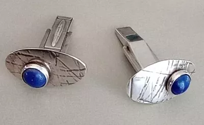 Vintage Sterling Silver Oval Etched Cufflinks With Blue Lapis Stone • $25.98