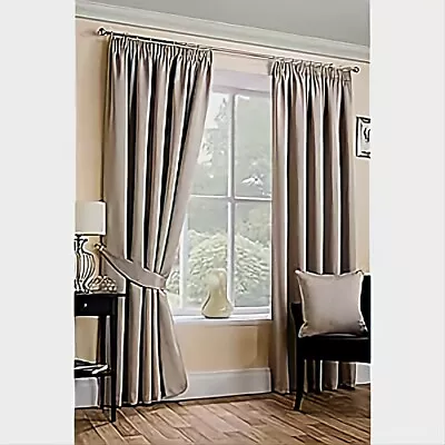 Sateen Woven Blackout Natural Pencil Pleat/Tape Top Unlined Readymade Curtain... • £32