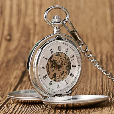 Double Hunter Roman Numerals Skeleton Unisex Hand Wind Mechanical Pocket Watch • £14.09