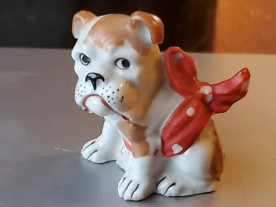CUTE VINTAGE 1940s MINIATURE CERAMIC BULLDOG WITH RED POLKA DOT BOW-GERMANY • $9