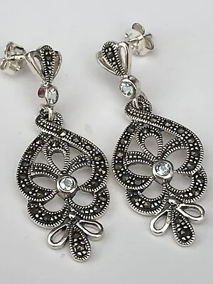 925 Sterling Silver Marcasite Blue Topaz Drop Dangle Earrings Length 3.8cm • £19