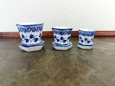 Dollhouse Miniature Flower Pots Planters Set Of 3 Ceramic Blue & White 1:12 • $10.65