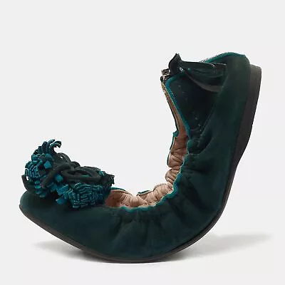 Miu Miu Dark Green Suede Fringe Bow Scrunch Ballet Flats Size 38 • $107.10