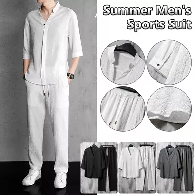 2Pc Summer Men's Cotton Linen Walking Suit Short Sleeve Casual Shirt & Pants Set • $35.45