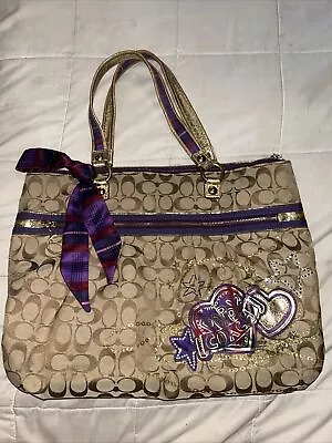 Coach Poppy Tartan Plaid Glam 15882 Shoulder Handbag Tote - Tan Purple Gold • $43