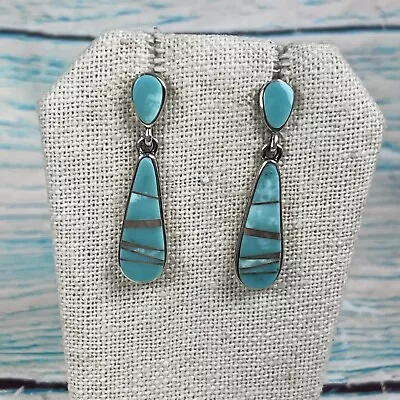 Vintage Navajo TSF A. Tsosie Sterling Silver Turquoise Inlay Dangle Earrings #M5 • $75