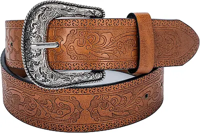 Women Vintage-Cowboy-Belt Western-Cowgirl Leather-Belt Floral Embossed PU With T • $11.99