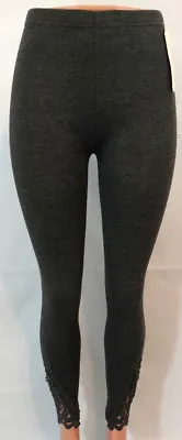 Leggings S M L XL One Size Charcoal Gray Stretch Lace Side Soft Jersey Knit • £19.29