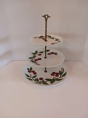 Vintage 3 Tier Dessert Server Porcelain Plates & Brass Handle Orchard Pattern • $55