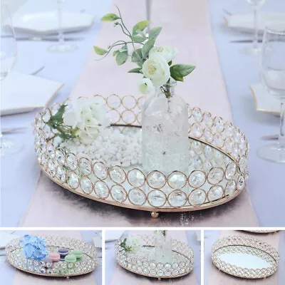 Gold Oval Metal Crystal Beads Mirror Serving Tray Wedding Supplies Sale • $23.45