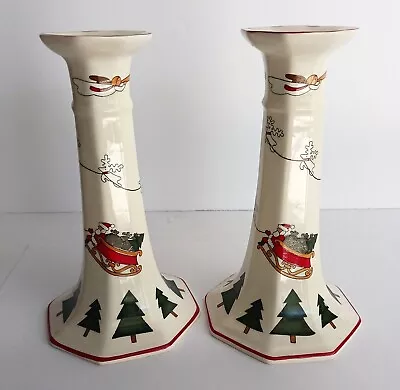 Masons England CHRISTMAS VILLAGE Candlesticks Candle Holders 6 1/2” Santa Sleigh • $34.95