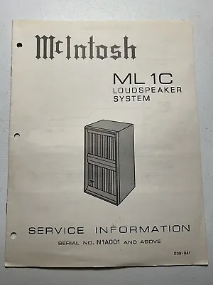 McIntosh ML1C Loudspeaker System Service Information N1A001 Original OEM Manual • $19.99