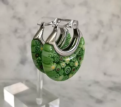 Green Murano Style Basket 1.50  Hoop Earrings Flower Design Stainless Steel  • $12