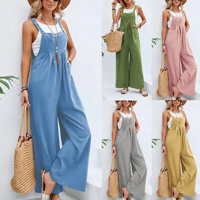 Womens Wide Leg Dungarees Jumpsuit Ladies Casual Overalls Playsuit Rompers AU • $28.37