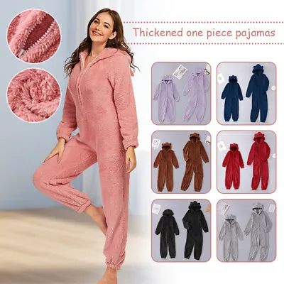 Unisex Women Men Kids Warm Plush Coverall Pajama Hooded Thicken Home Jumpsuit • $44.64