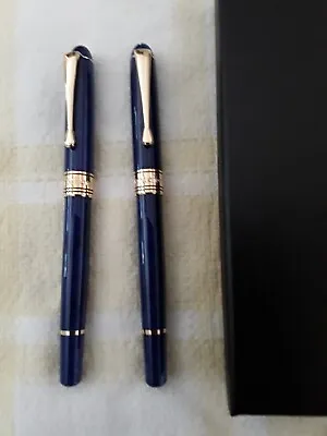 2 Montefiore Blue Marble Pens.  Set Of 1 ROLLERBALL And 1 FOUNTAIN Pen. • $12.99