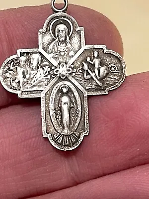 Vintage Miraculous 4 Way Cross Sterling Silver Jesus Sacred Heart Medal Pendant • $35