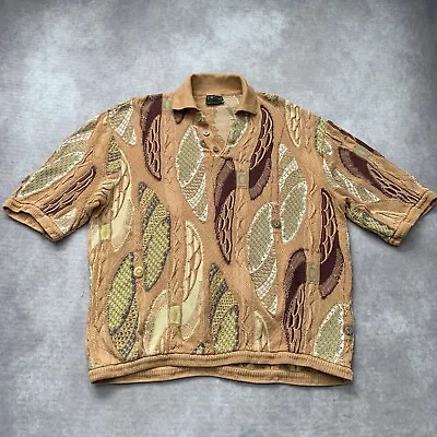 Vintage 90s COOGI Sweater Polo Shirt Size 2XL Australia Made Brown Tan Knit 3D   • $199