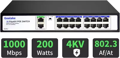 Goalake 18 Port Gigabit Ethernet Unmanaged PoE+ Switch 16 Gigabit PoE+ @200W 2 • £104.63