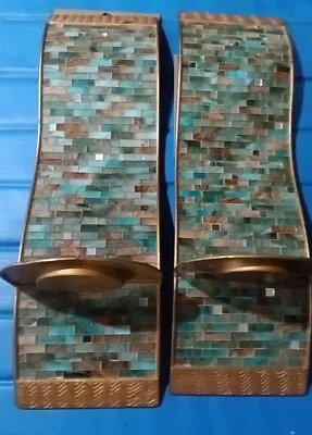 Pier 1 Turquoise Mosaic Sconces Pillar Candle Holders. Set Of 2 • $45.99