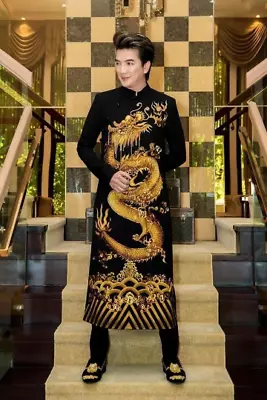 Black Ao Dai For Men Hand Painted Vietnamese Traditional Long Dress For Men G42 • $84.95