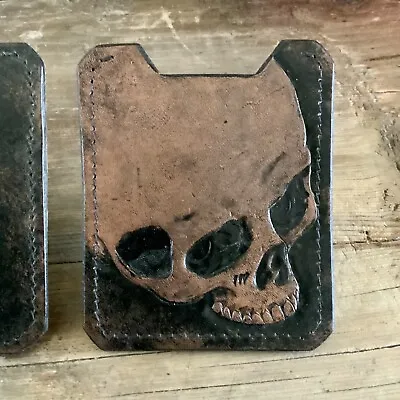 SKULL Mens TATTOO Tooled Handmade In USA Leather Credit Card Wallet & Money Clip • $2