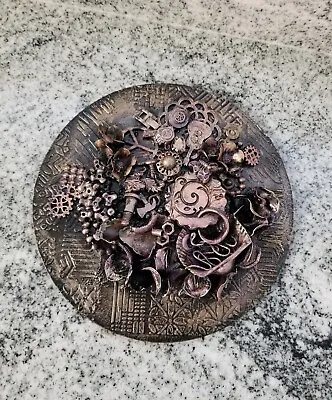 Handmade Mixed Media Art Steampunk Wall Decor Gears Floral Metal Craft Circle • $28