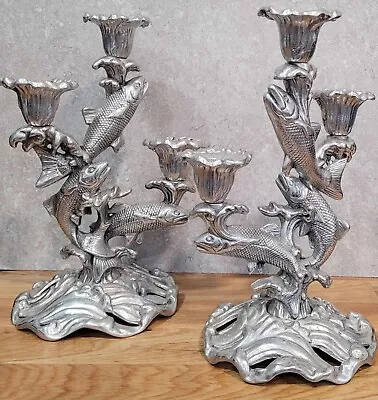 Rare Pair Vtg Arthur Court 3-Arm Jumpin' Salmon Fish Candelabra Candlestick Pair • $298.95