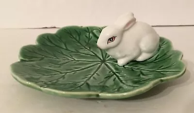 Bordallo Pinheiro Bunny Rabbit Figure On Green Cabbage Leaf Relish/Tidbit Plate • $25