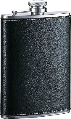 8oz. Stainless Steel Flask With Black Leather Covering Captive Lid New In Box • $11