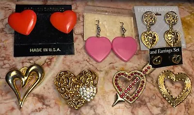 Vintage Hearts Brooch Pins Earrings Valentines Lot Gold Tone One Signed Monet • $9.99