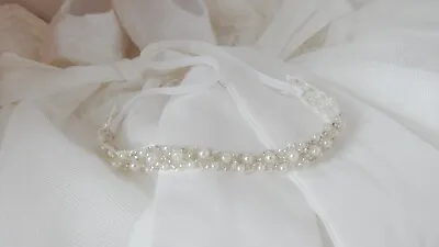 Off White Baby Baptism Headband Christening Pearl Beaded Tiara Handmade • £10.50