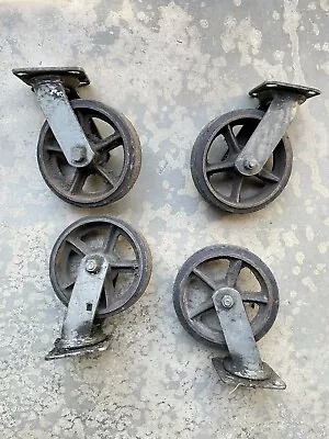 Set Of 4 Vintage Heavy Duty 6  Cast Iron Industrial Cart Wheels • $80