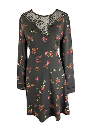 Warehouse Dress Size 10 Black Red Floral Cutout Detail A Line Mesh Lace Tea • £8.99