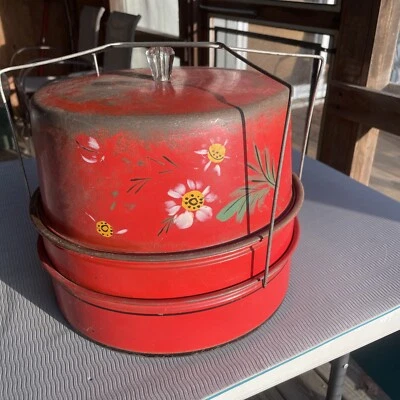 $19.50 • Buy Vtg Tiered MCM Tin Cake Pie Carrier Red W/Flowers Home Decor Retro Hand Painted