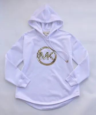 Michael Kors Womens White Hoodie Sweatshirt Mk Logo Gold Sequins New Sz S M L Xl • $65