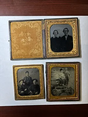 Antique 1/6 Plate Tin Type Photos Couple On Goat Cart 3 Brothers Lot Of 3 • $84.99