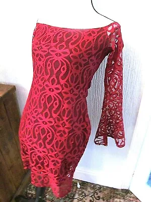 Clothing Company Red Lacey Bodycon 60s 70s Flare Sleeve Bardot Dress 8 • £4.99