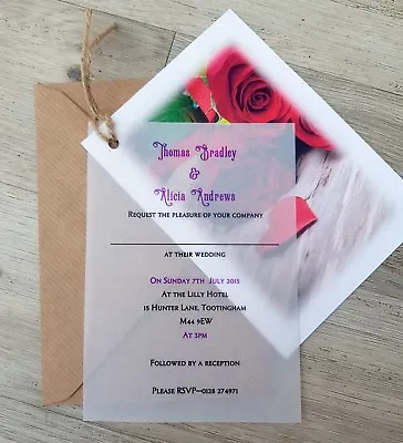 Personalised Red Rose Vellum Wedding Invitations With Envelopes And Twine • £1.50