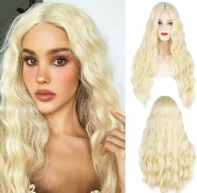 Platinum Blonde Wig - Small Front Lace Human Hair Blend  Silver White Wavy Curly • $29.99