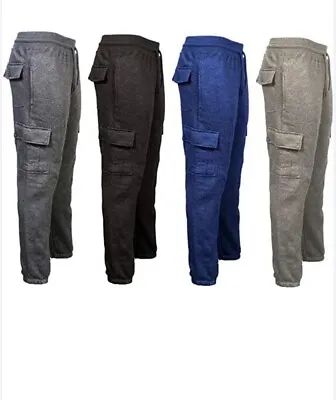 Mens Elasticated Fleece Cargo Combat Five Pocket Trousers Bottom Joggers Pants • £10.45