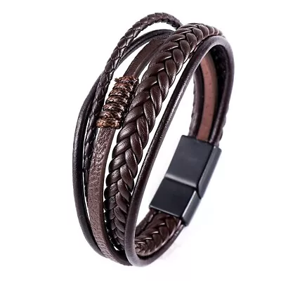 £5.99 • Buy Men's Leather Bracelet Wristband Stainless Steel Clasp Jewellery Gift New
