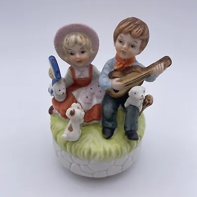 Vintage Ceramic Musical Wind Up Figurine Girl & Boy Playing Instruments Puppies • £19.95