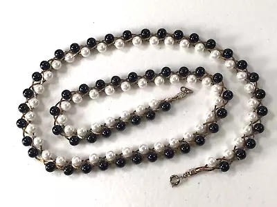 Vintage Korea Signed Black White Faux Pearl Beaded Braided Necklace 24  Estate • $3