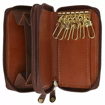 Genuine Leather Men's Key Holder Double Zip Around 6 Key Chain Wallet Case Wine • $10.99
