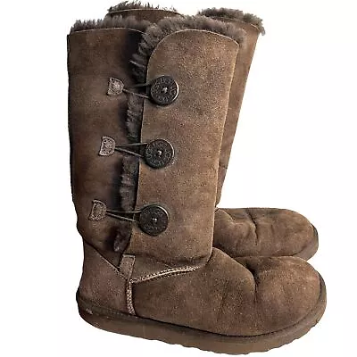 Classic Ugg Tall Boots Bailey Button Triple Button Tall Brown Suede Australia 8 • $24.95