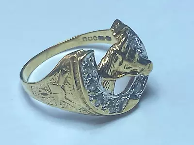 9ct Gold Gem Set Horseshoe  Signet Ring Size O • £120
