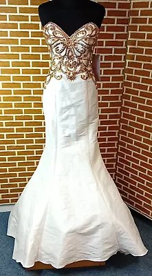 JOVANI White & Gold Embellished Strapless Mermaid Dress Wedding/Prom US 2 UK 6 • £29.99