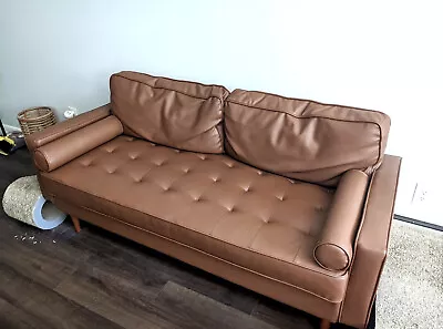 New Caramel Brown Style Mid Century Modern Faux Leather Tufted Sofa • $599